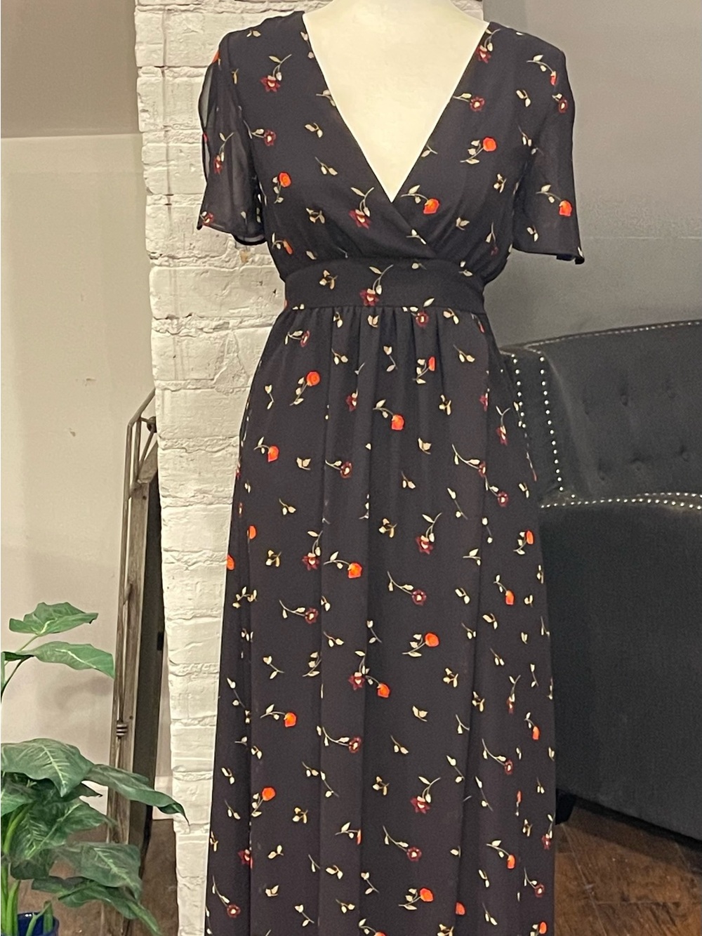 Madewell Black Maxi Dress with Red and Cream Floral Print